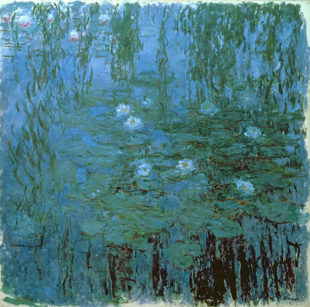 Blue Water Lilies by Claude Monet, 1916–1919, oil on canvas, (78.74 in); width: 2,000 mm (78.74 in), Google Art Project. Photo: Public domain.