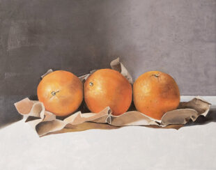 Oranges with paper, Oil Painting on Wood Panel, 14" x 11"