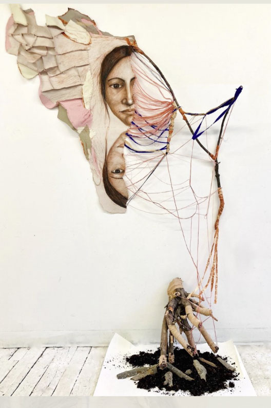 Luba Shapiro, Heart Relic", Conté, charcoal, paper, fabric, thread, found wood, soil, 65” x 105” x 24”