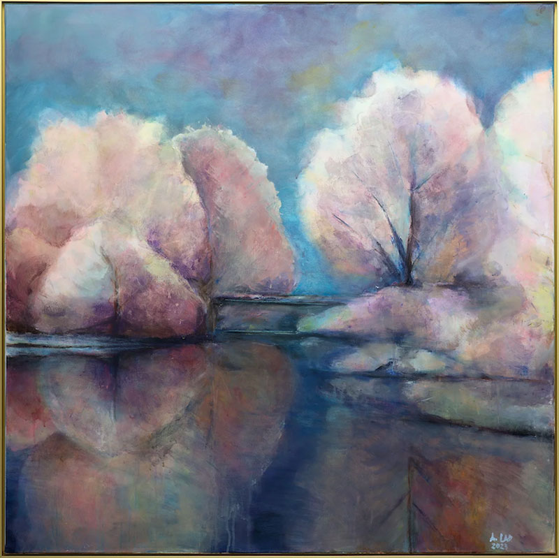 Sakura Dreams, acrylic and soft pastels on linen, 20" x 20" by Akshita Lad