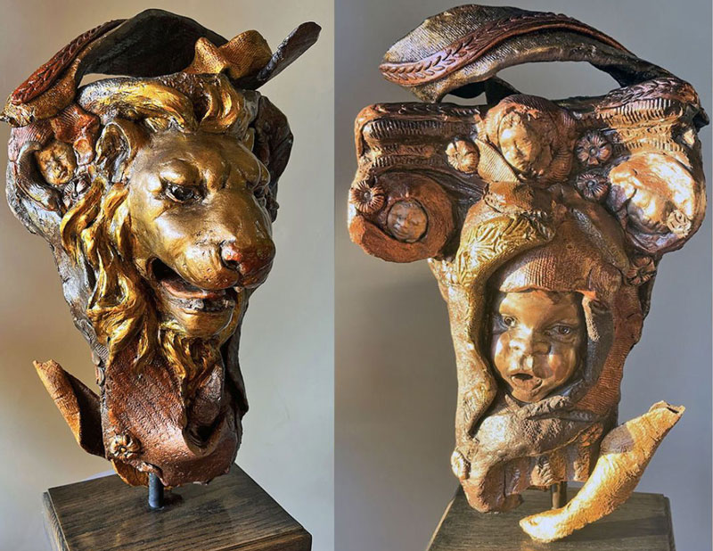 Lion Caryatid front and back views, porcelain and patina on a wood base, 19" x 8.6" x 9.5"