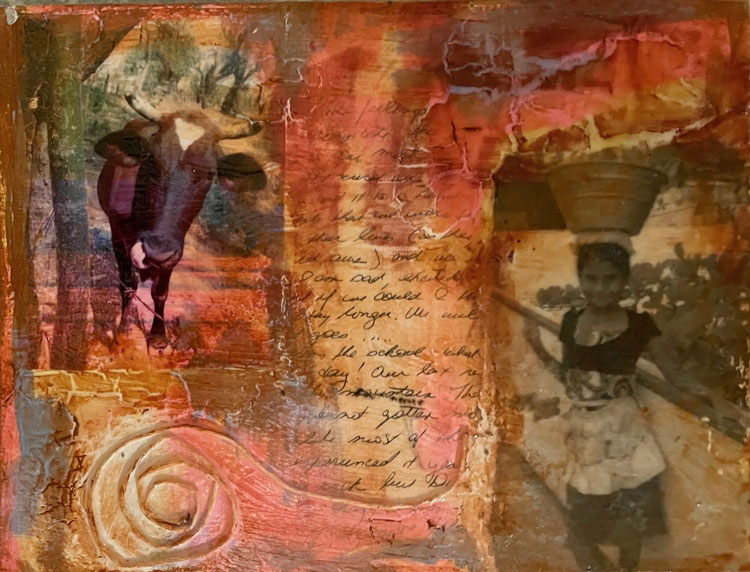 El Salvador Landscape, mixed media (photo transfer, journal pages, paint, charcoal, natural materials) 10" x 12"