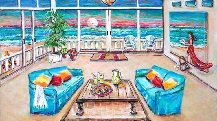 Longing For a Day at the Beach, mixed media, 39″ x 48″ x 1.5″ created in the style of Trompe L’oeil.