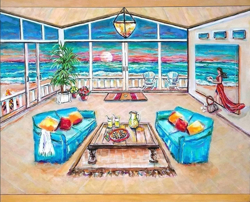 Longing For a Day at the Beach, mixed media, 39″ x 48″ x 1.5″ created in the style of Trompe L’oeil.