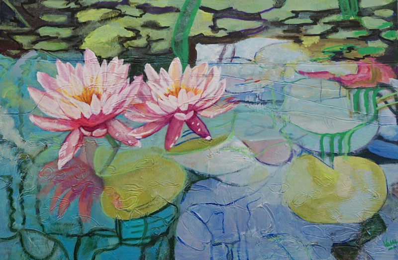 Lilies with reflections, Mixed media on wood, 24x36x2"