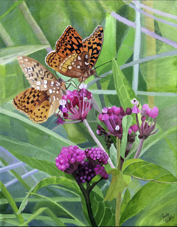 Fritillaries on Joe Pye Weed, acrylic on canvas, 11" x 14"